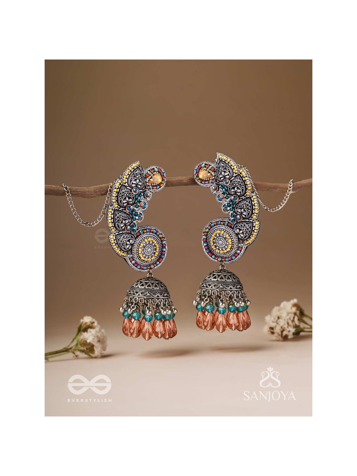 Kalaap- The Peacock's Tail- Beads And Glass Drops Hand Embroidered Oxidised Jhumka Earrings