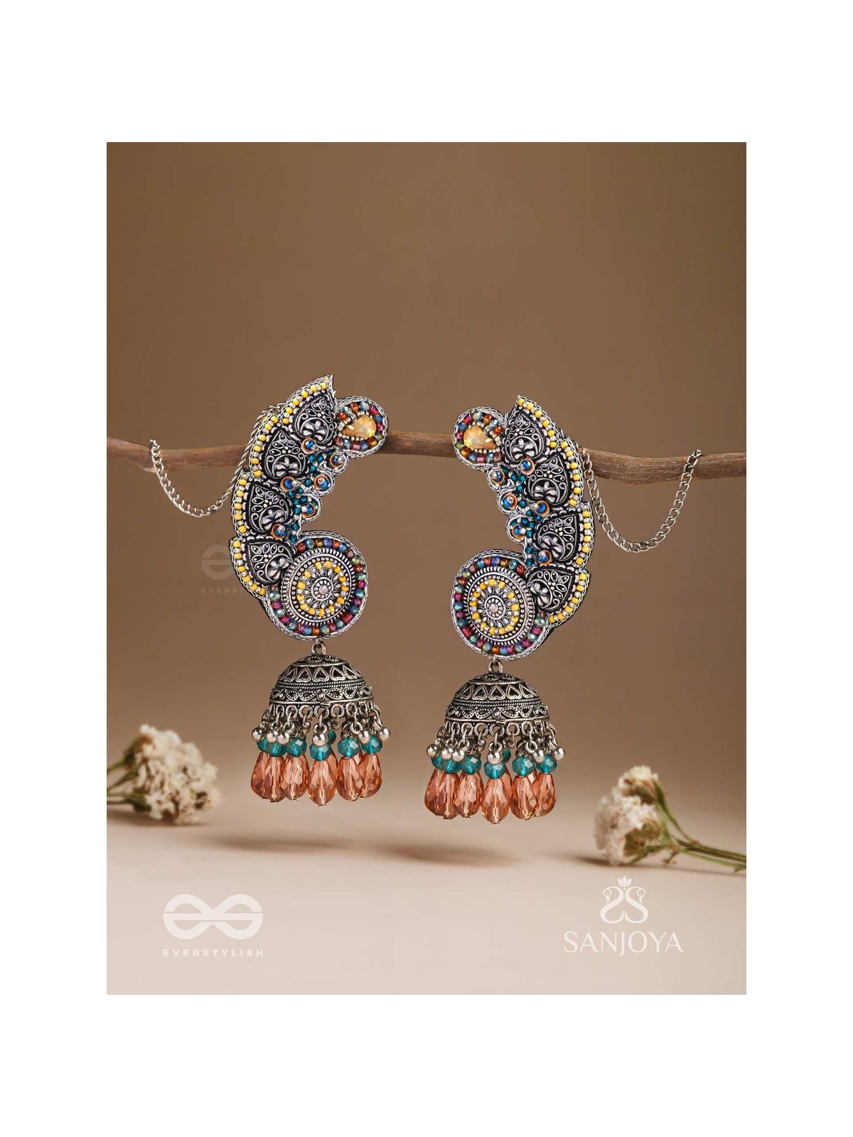 Kalaap- The Peacock's Tail- Beads And Glass Drops Hand Embroidered Oxidised Jhumka Earrings