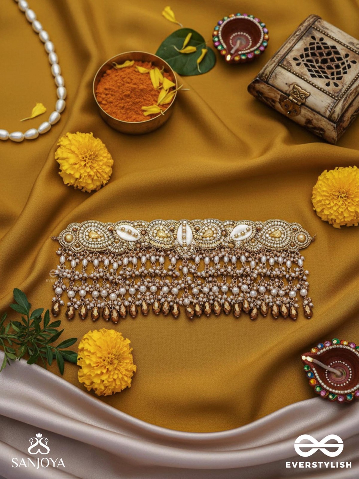 Prishit - Remnants Of The Raindrops- Stones, Beads, Glass Drops And Shells Hand Embroidered Choker Neckpiece