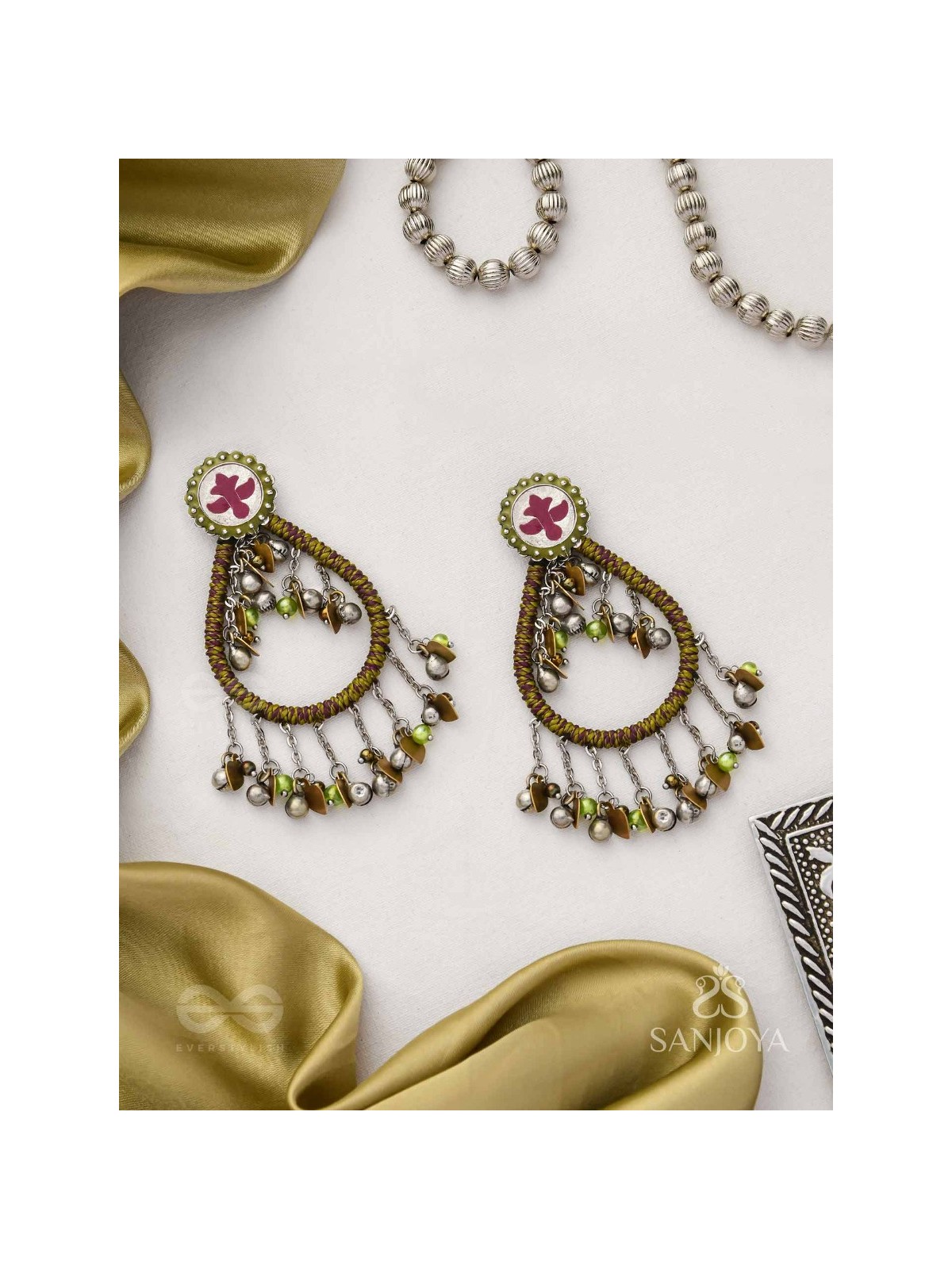 Haarit - The Olive Flutters - Beads Enamelled Oxidised Earrings