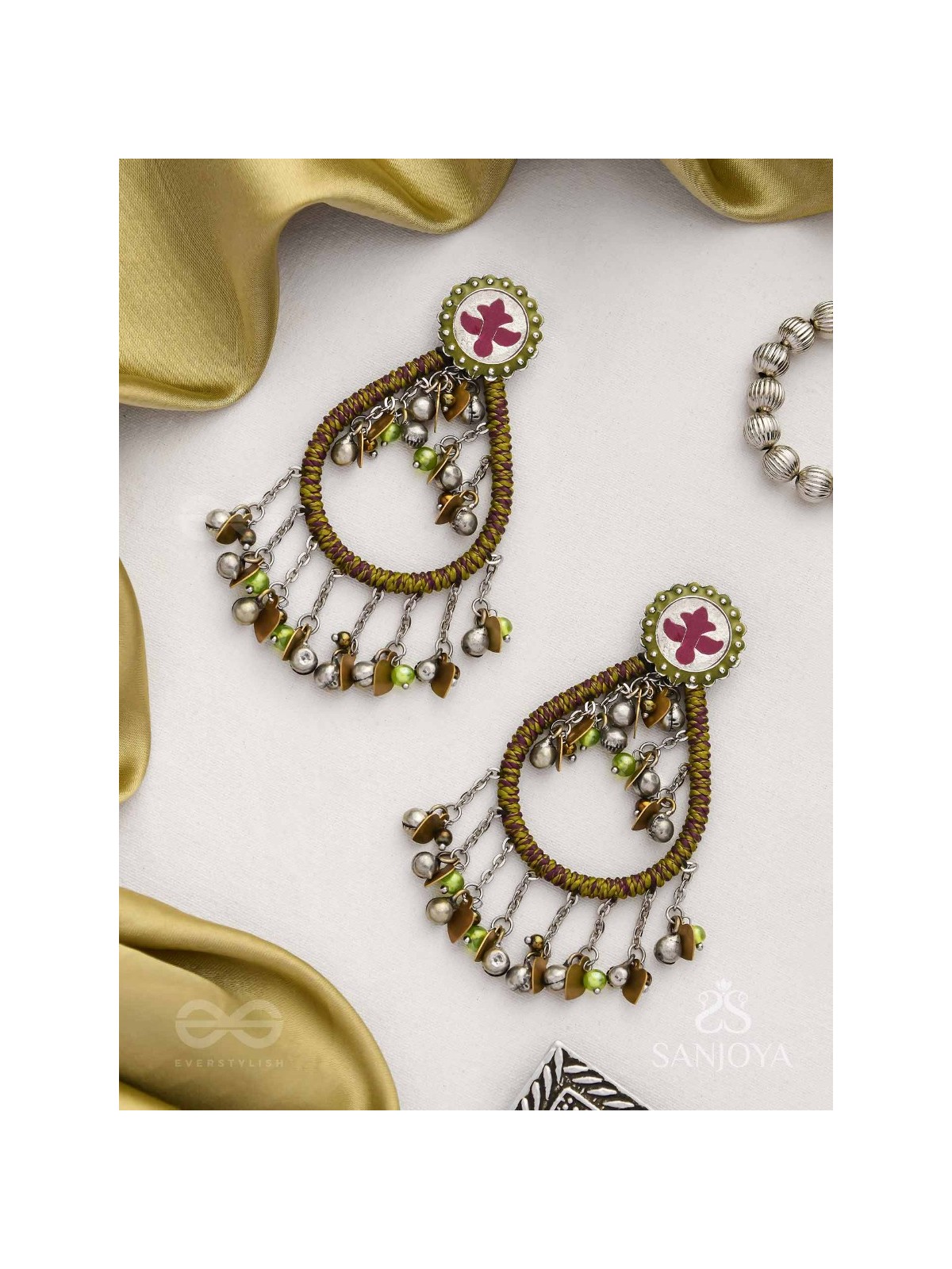 Haarit - The Olive Flutters - Beads Enamelled Oxidised Earrings