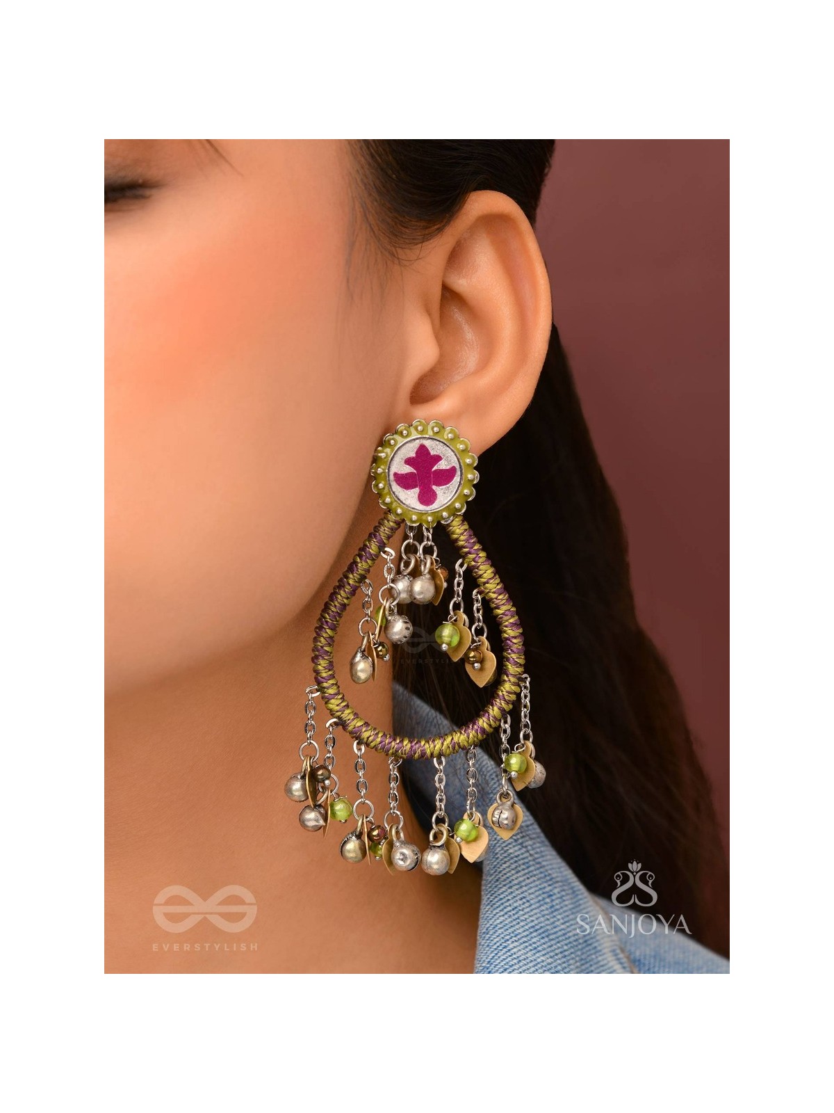 Haarit - The Olive Flutters - Beads Enamelled Oxidised Earrings