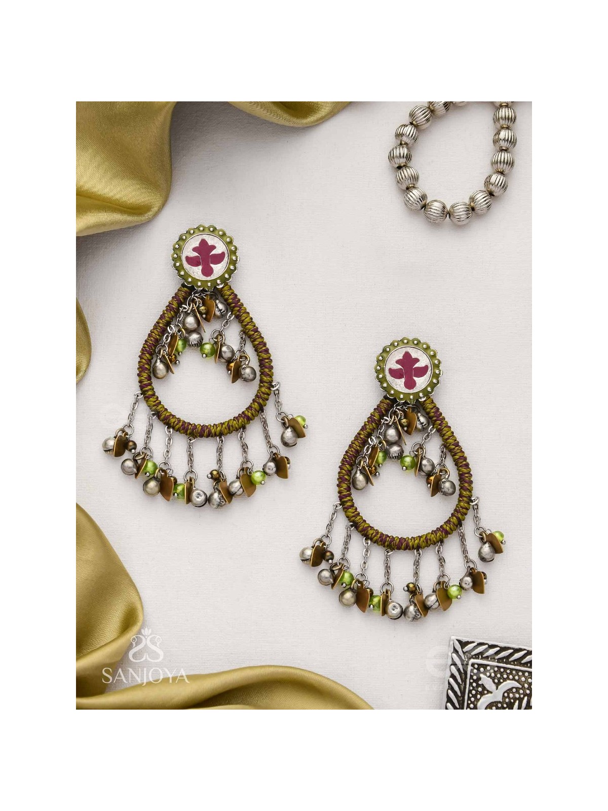 Haarit - The Olive Flutters - Beads Enamelled Oxidised Earrings