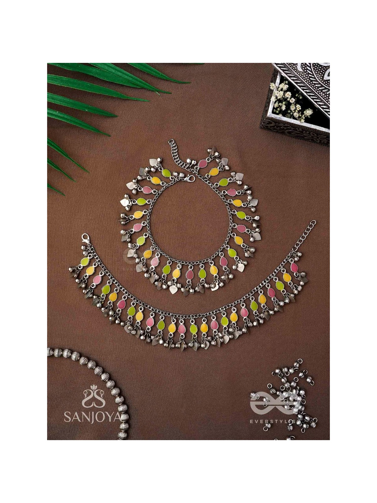 The Dainty Dazzle- Enamelled Oxidised Anklets (Set of 2)