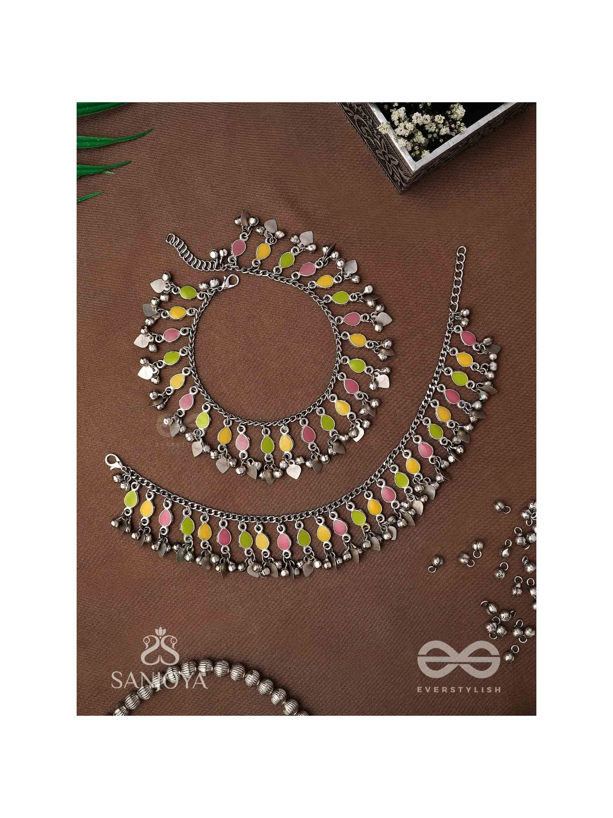 The Dainty Dazzle- Enamelled Oxidised Anklets (Set of 2)