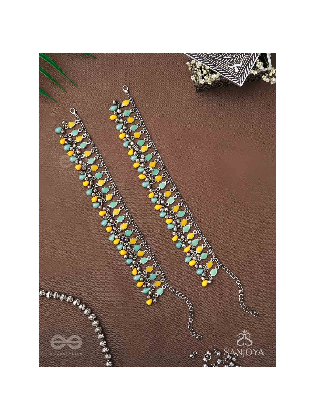 The Sunflower Garden- Enamelled Oxidised Anklets (Set of 2)