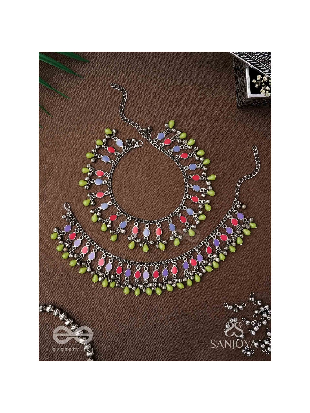 The Dreamcatcher Delight- Enamelled Oxidised Anklets (Set of 2)