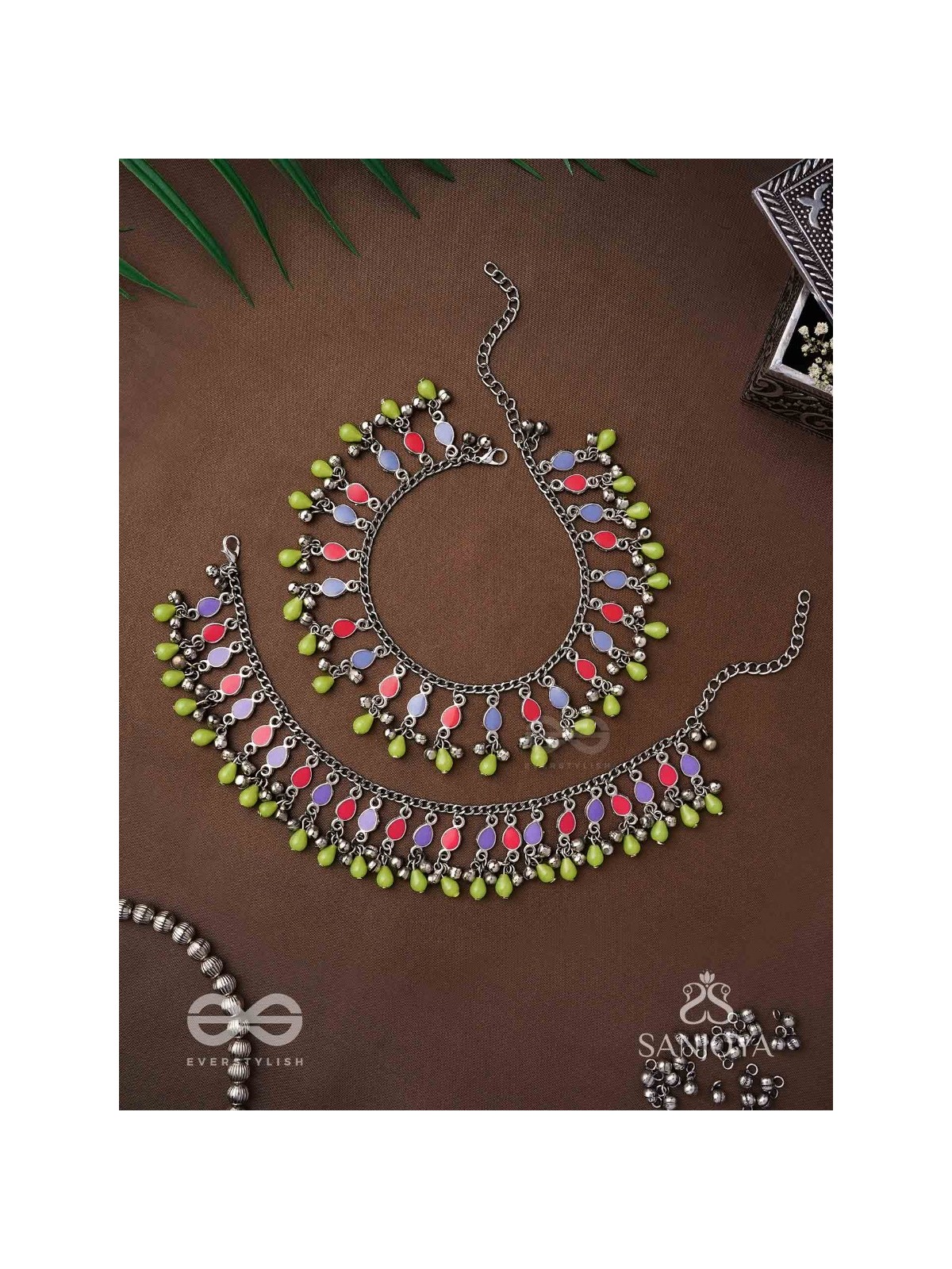 The Dreamcatcher Delight- Enamelled Oxidised Anklets (Set of 2)