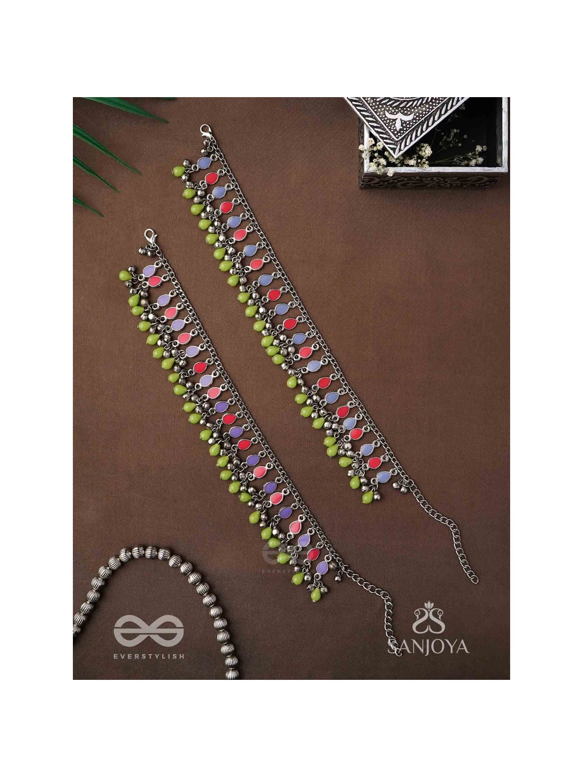 The Dreamcatcher Delight- Enamelled Oxidised Anklets (Set of 2)