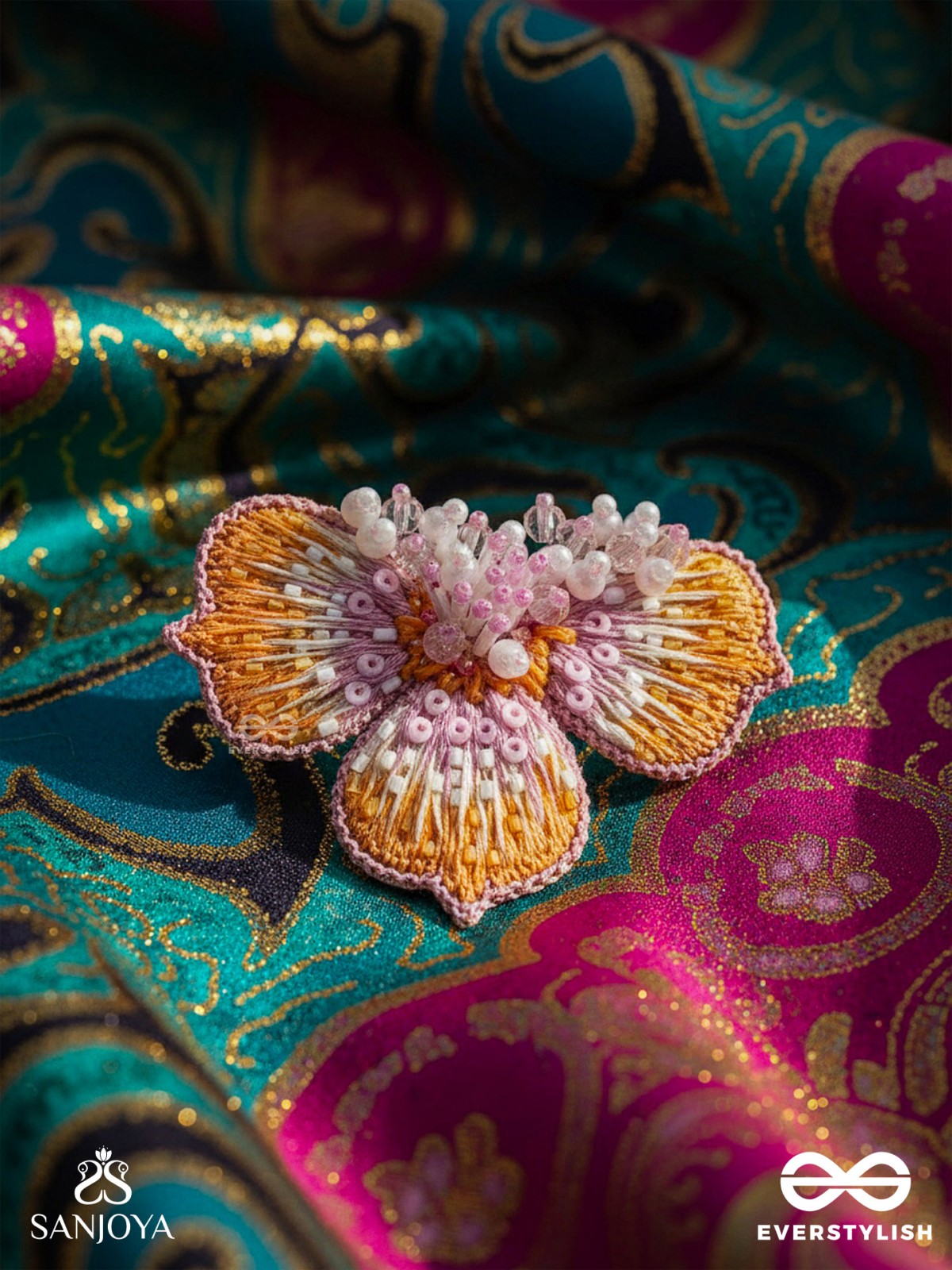 Saradgata- The Autumn Bloom - Resham, Beads And Sequins Hand Embroidered Ring (Adjustable)