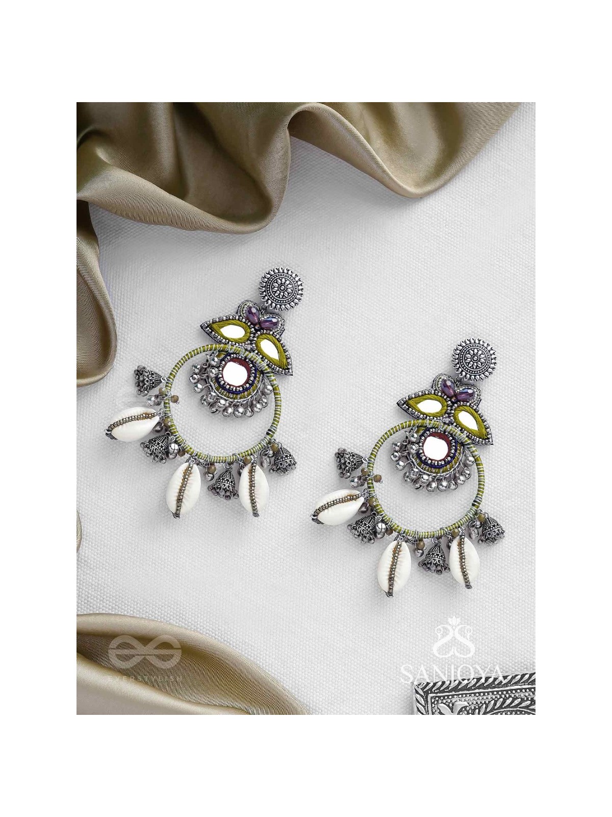 Dyuvani- The Coastal Grove- Mirror, Resham And Shells Hand Embroidered Earrings