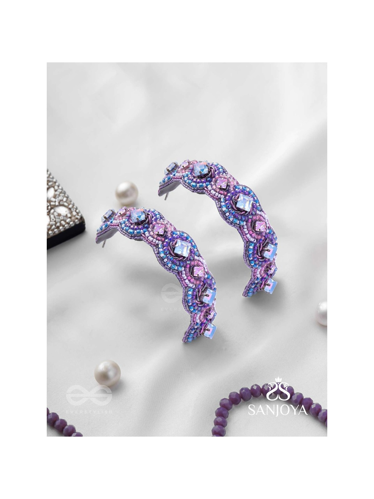 Niliman- The Blueming Lavender- Stones And Beads Hand Embroidered Earrings