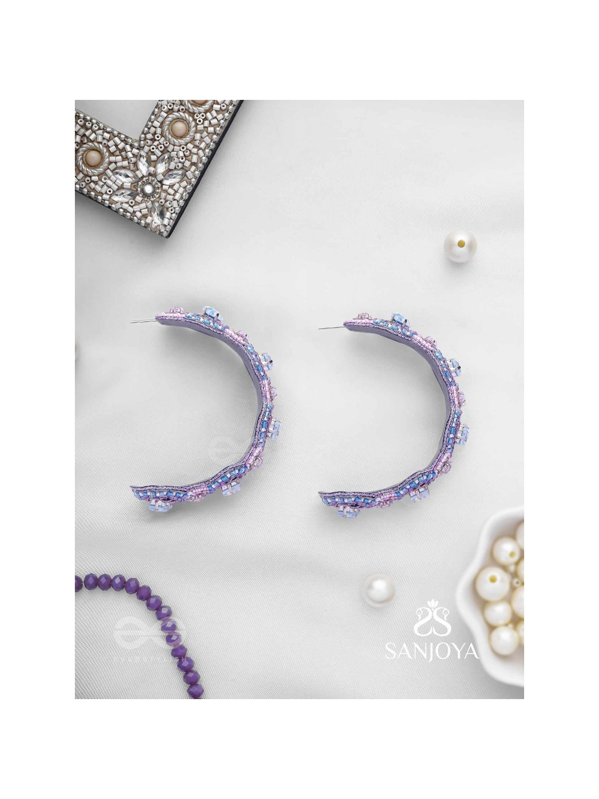 Niliman- The Blueming Lavender- Stones And Beads Hand Embroidered Earrings