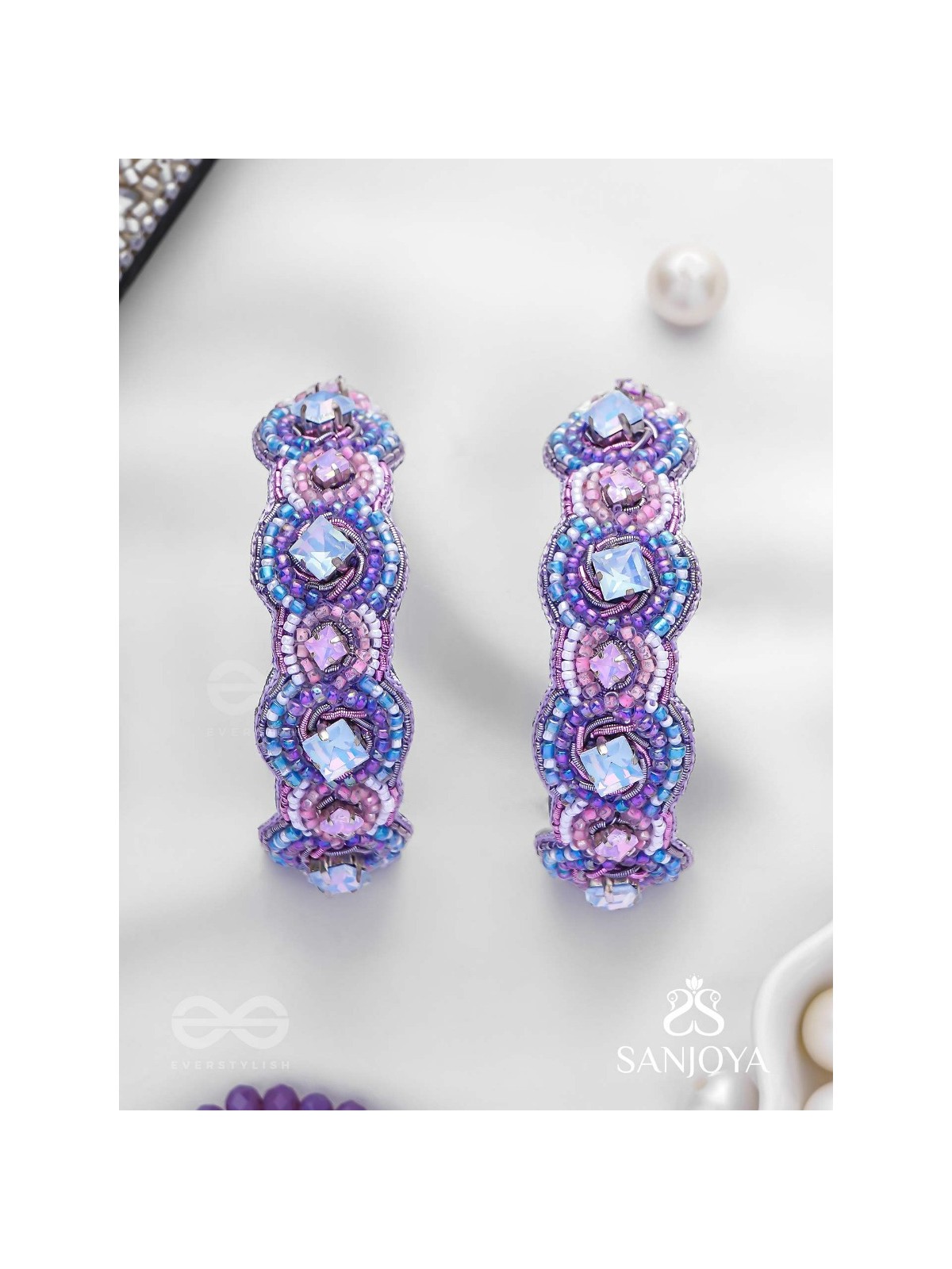 Niliman- The Blueming Lavender- Stones And Beads Hand Embroidered Earrings