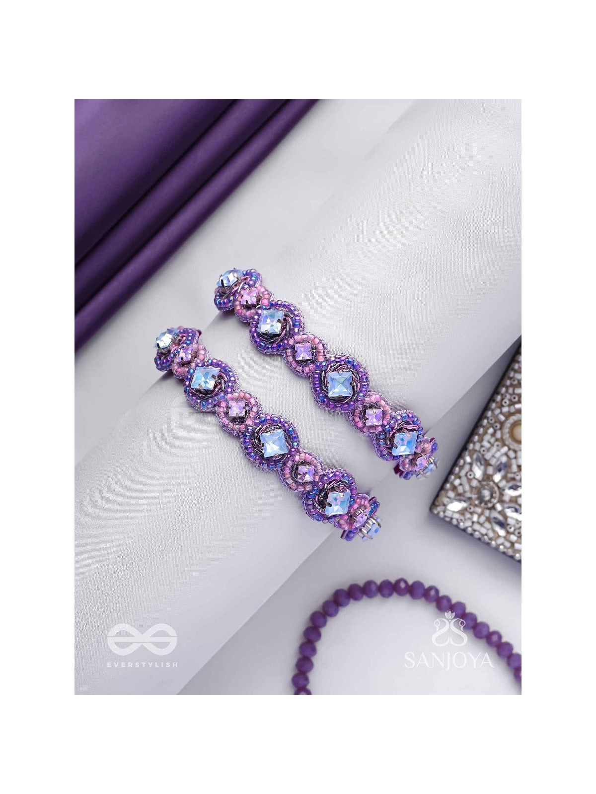 Jagacchitra- The Nebula Sparkles - Stones And Beads Hand Embroidered Bangles (Set Of 2)