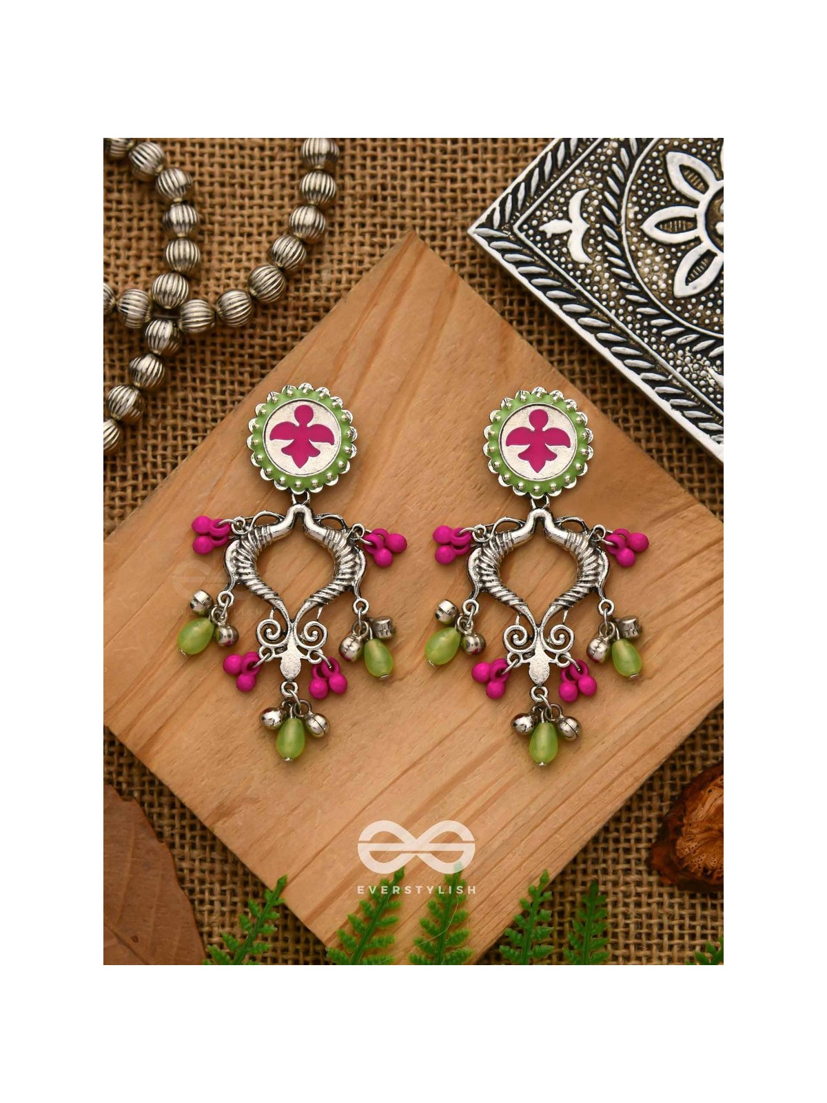 The Bougainvillea Forest- Enamelled Oxidised Ear Jackets