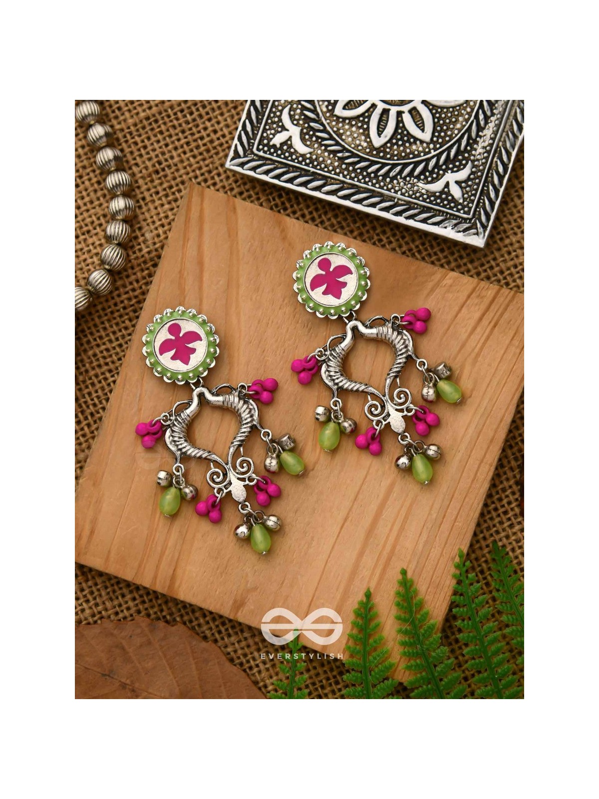 The Bougainvillea Forest- Enamelled Oxidised Ear Jackets