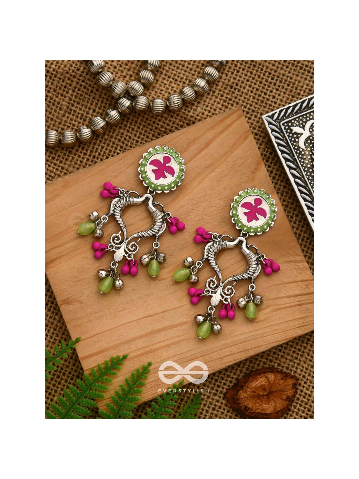 The Bougainvillea Forest- Enamelled Oxidised Ear Jackets