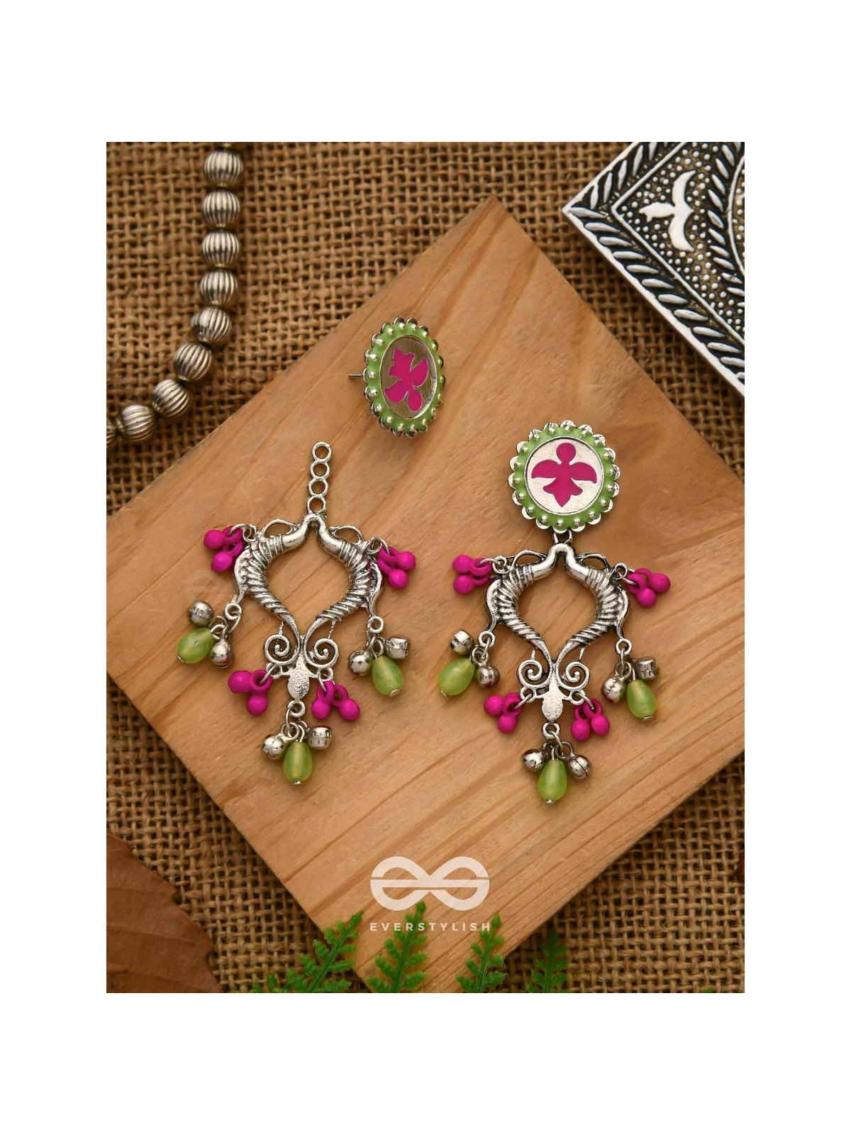 The Bougainvillea Forest- Enamelled Oxidised Ear Jackets