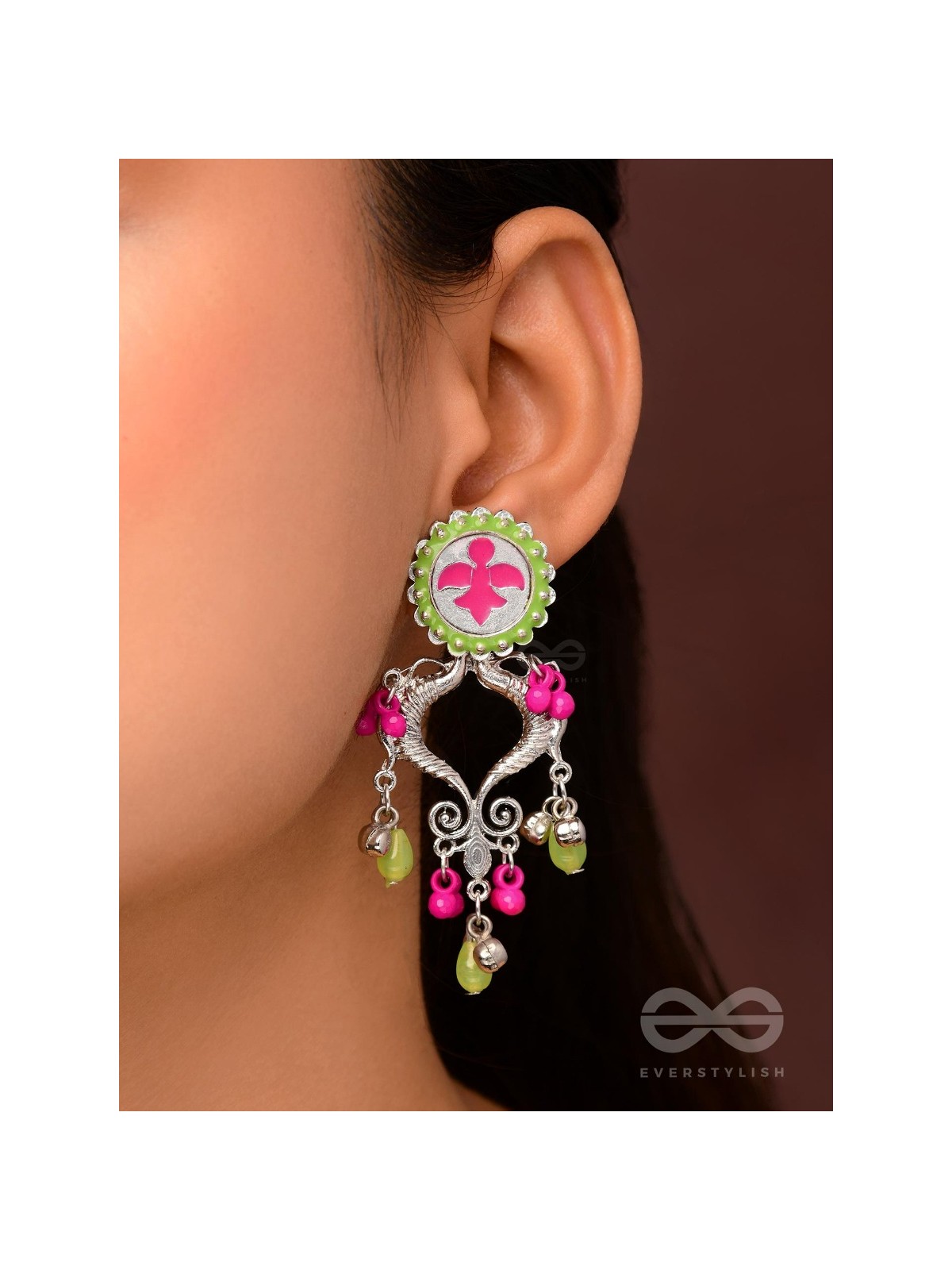 The Bougainvillea Forest- Enamelled Oxidised Ear Jackets