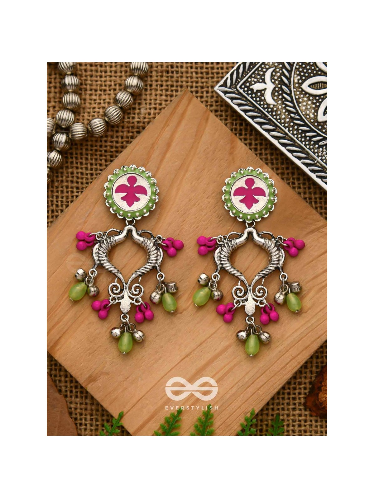 The Bougainvillea Forest- Enamelled Oxidised Ear Jackets