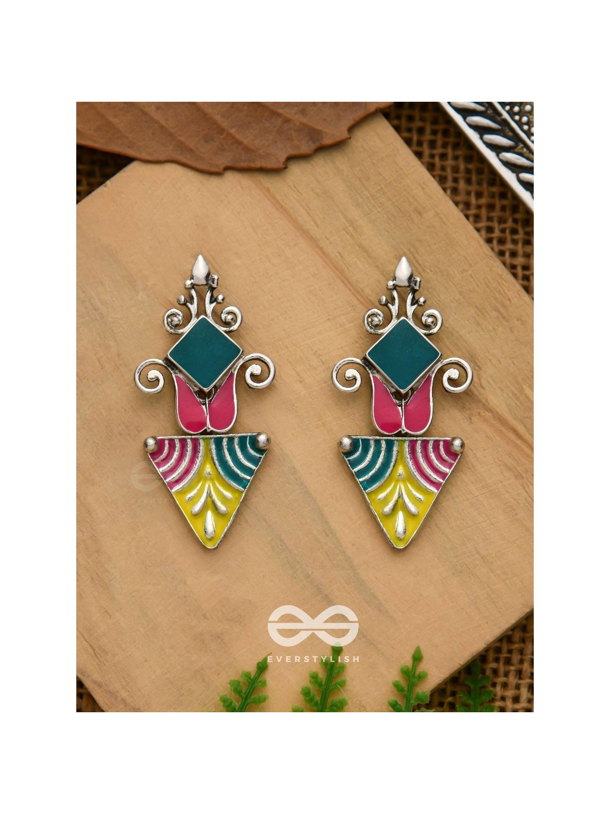 The Adorned Prisms- Enamelled Oxidised Ear Jackets (Red, Yellow And Green)