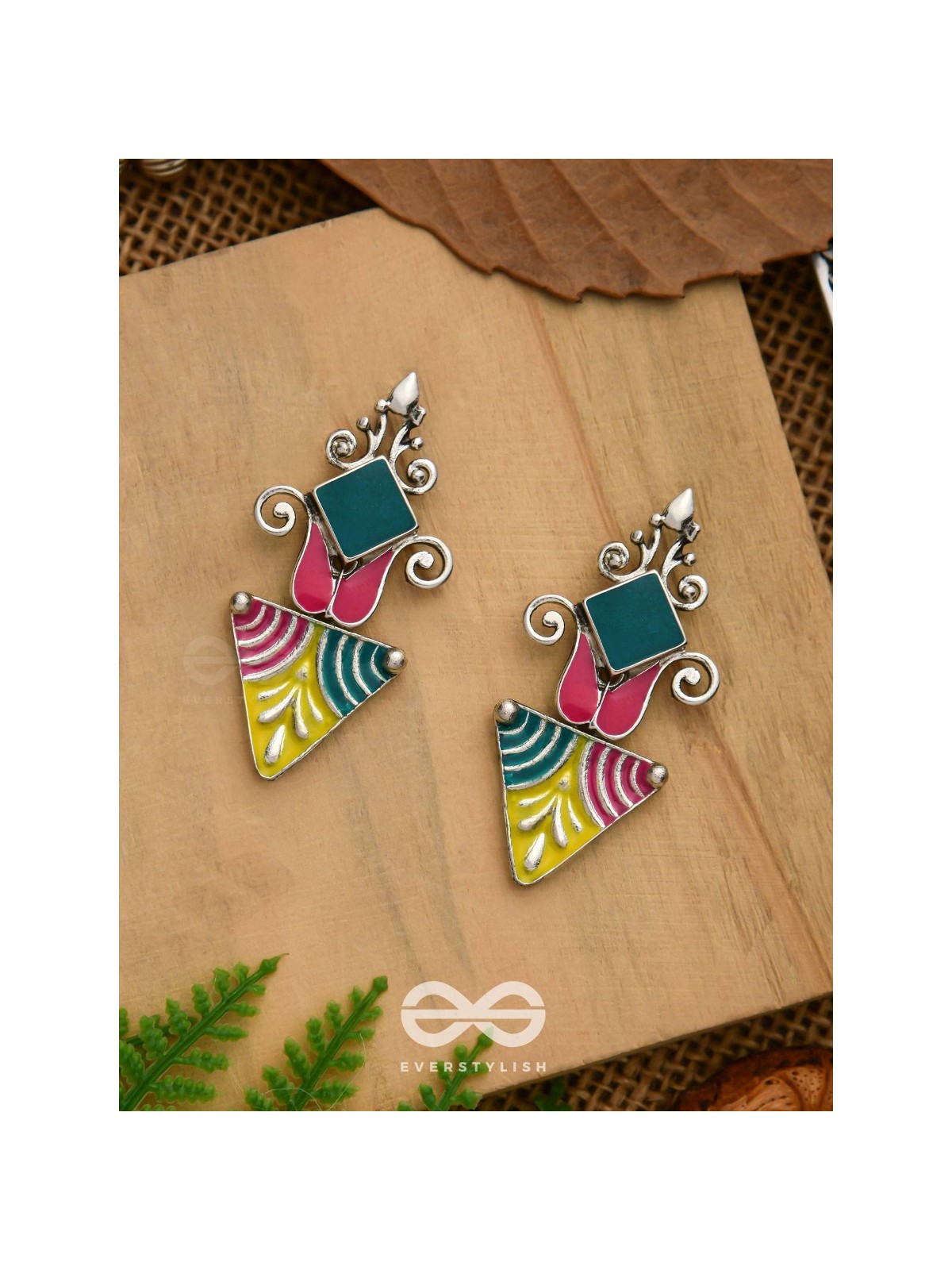 The Adorned Prisms- Enamelled Oxidised Ear Jackets (Red, Yellow And Green)