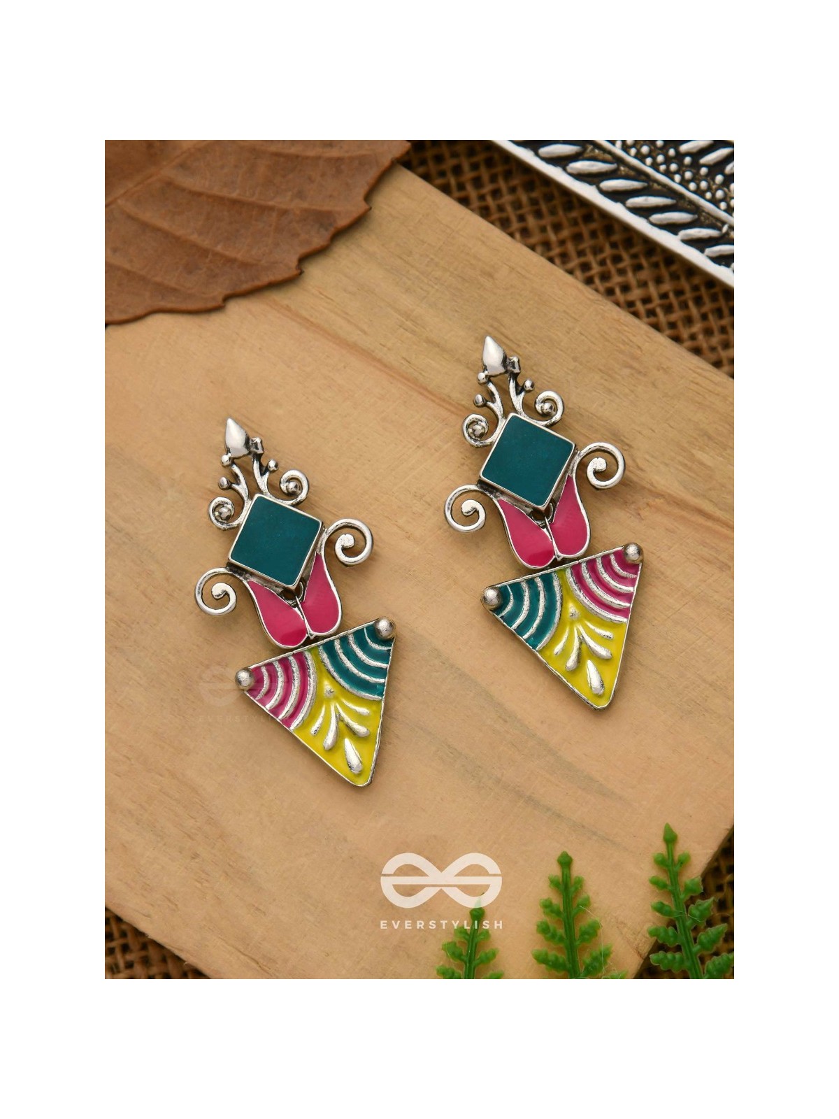 The Adorned Prisms- Enamelled Oxidised Ear Jackets (Red, Yellow And Green)