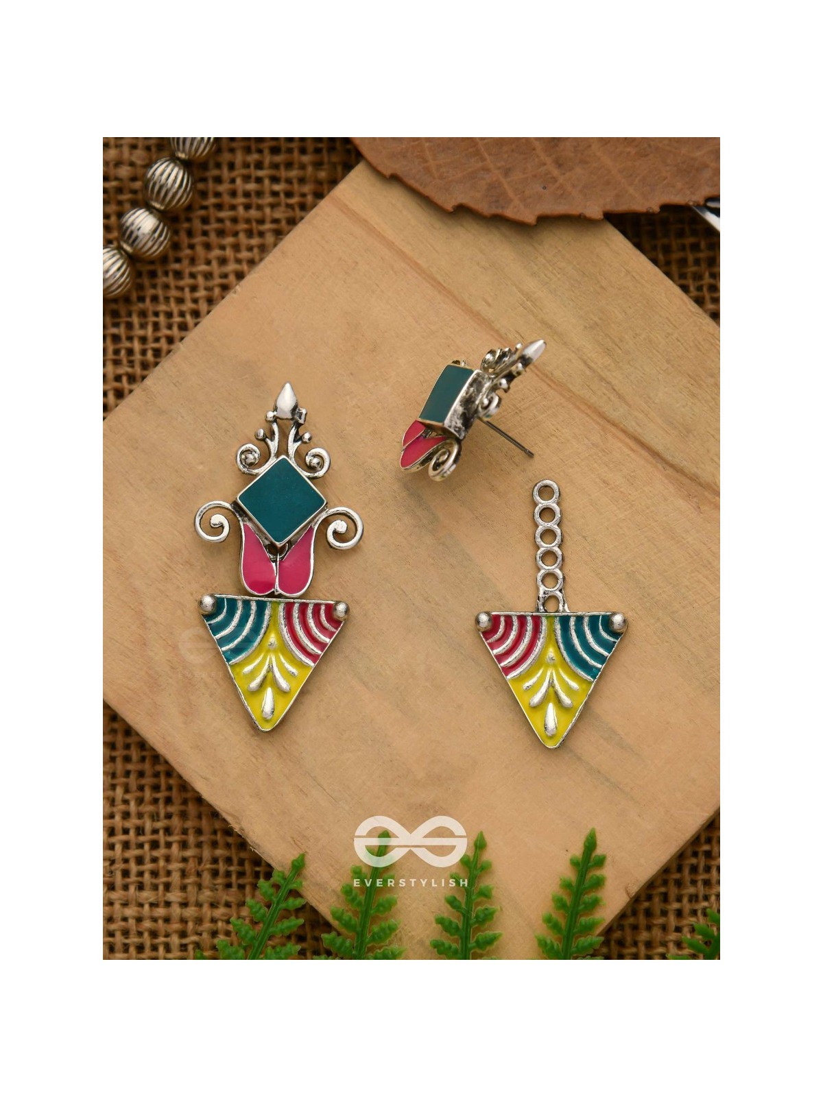 The Adorned Prisms- Enamelled Oxidised Ear Jackets (Red, Yellow And Green)