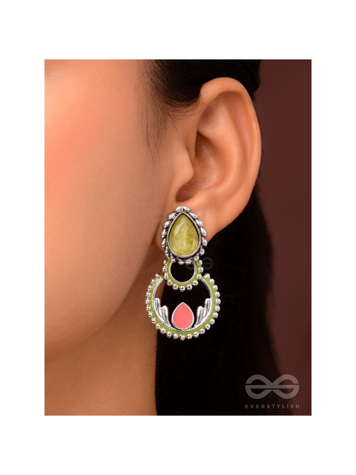 The Lily Woods- Stone Enamelled Oxidised Ear Jackets