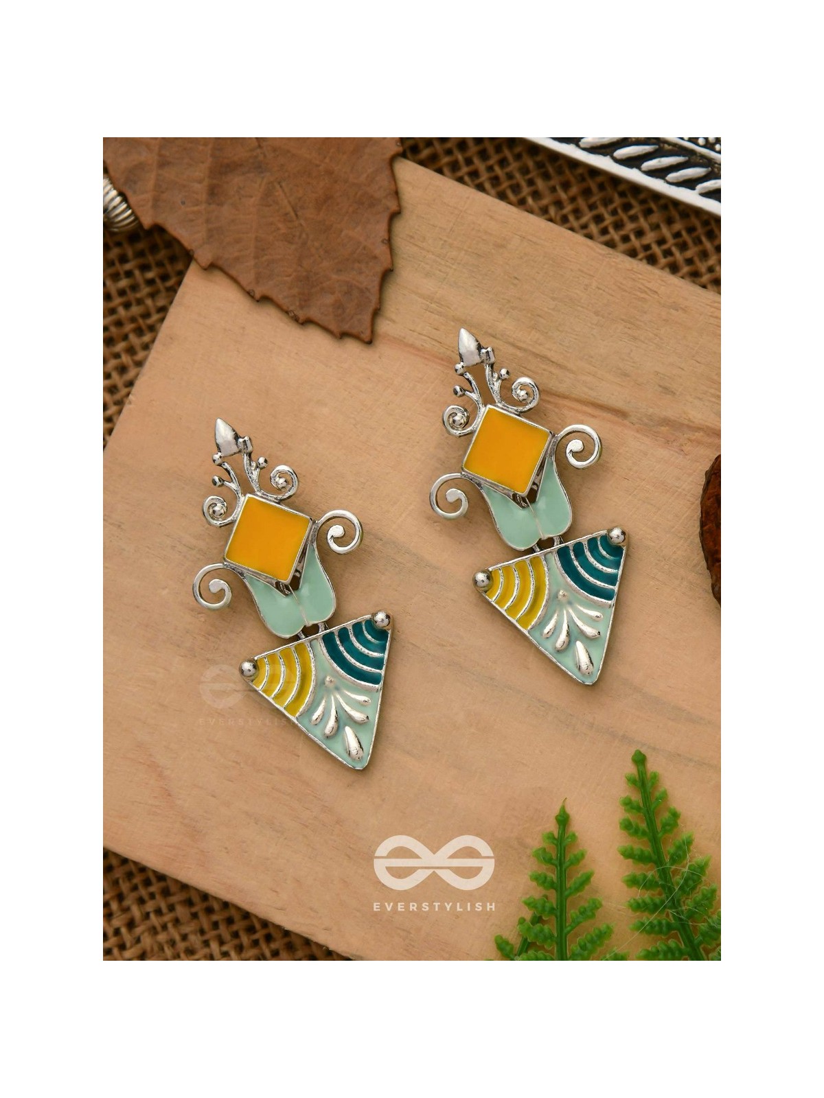 The Adorned Prisms- Enamelled Oxidised Ear Jackets (Yellow, Blue And Green)