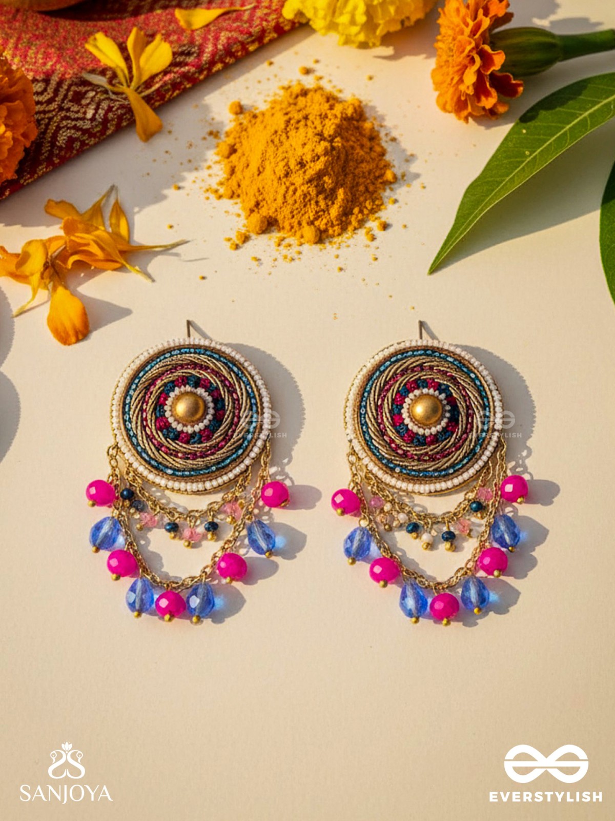 Adrija- The Fresh Soul- Dabka, Cutdana And Glass Drops Hand Embroidered Earrings