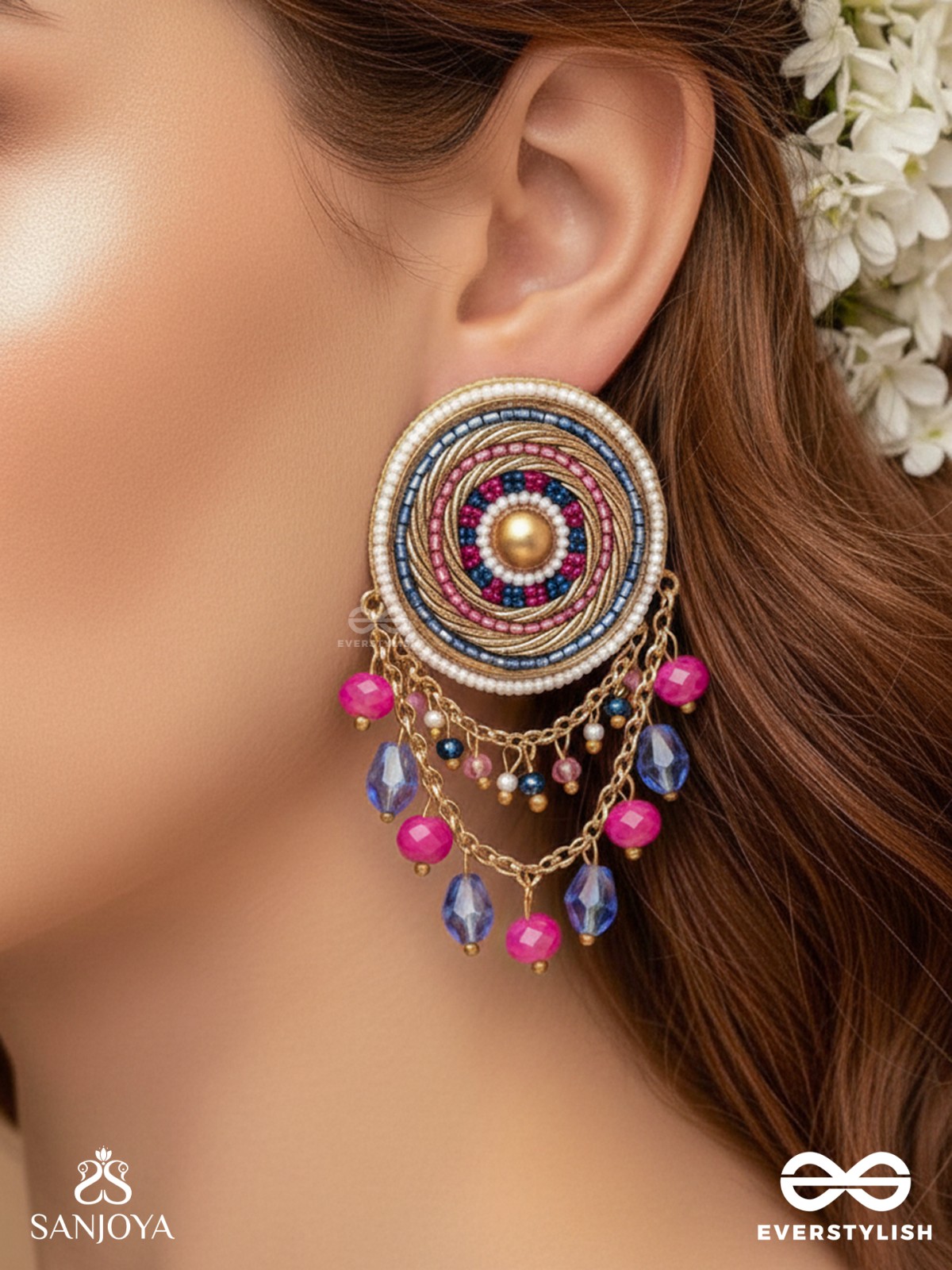 Adrija- The Fresh Soul- Dabka, Cutdana And Glass Drops Hand Embroidered Earrings