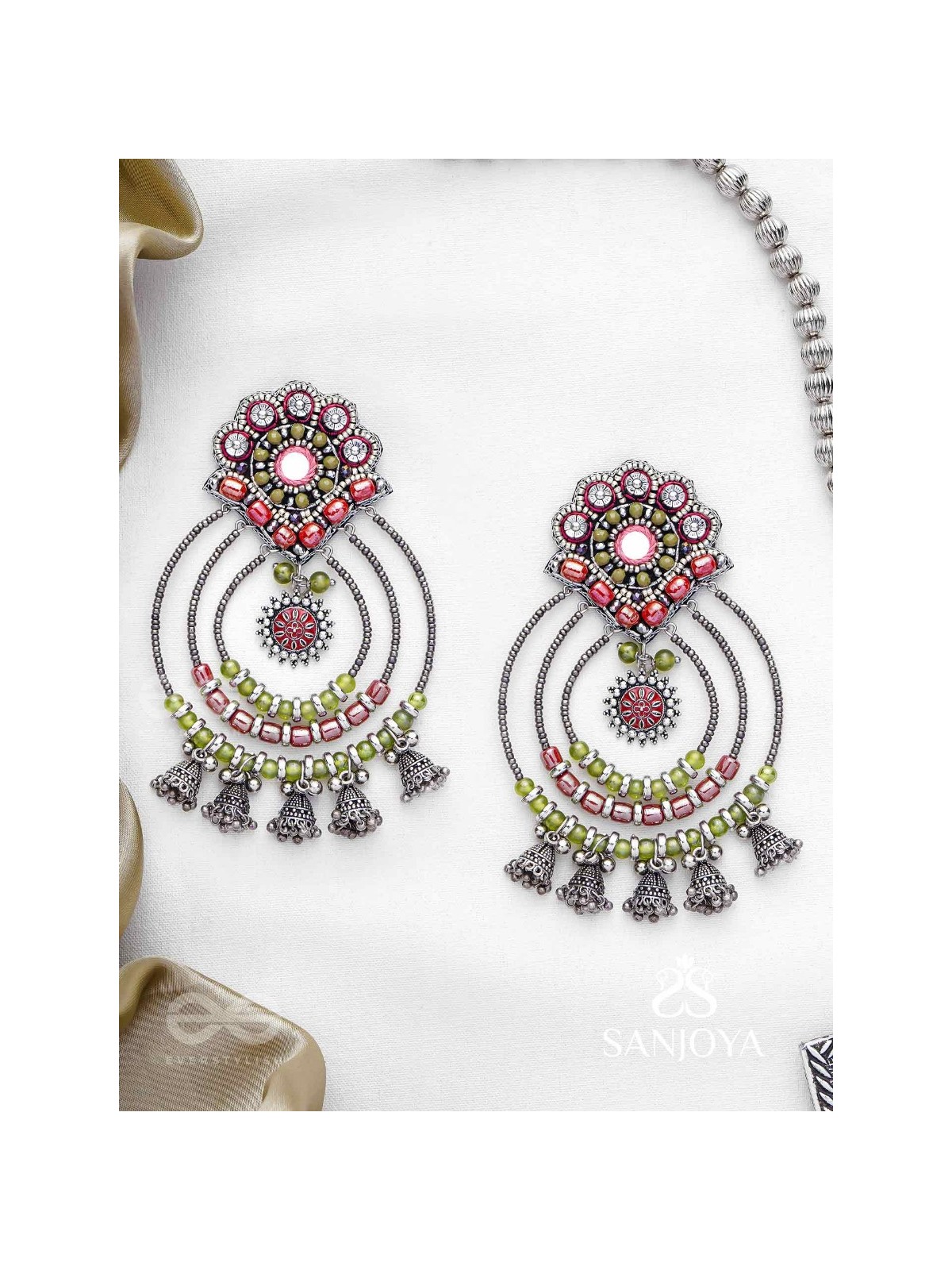 Yashasya - The Magenta Magnificence - Mirror, Resham And Beads Hand Embroidered Oxidised Earrings