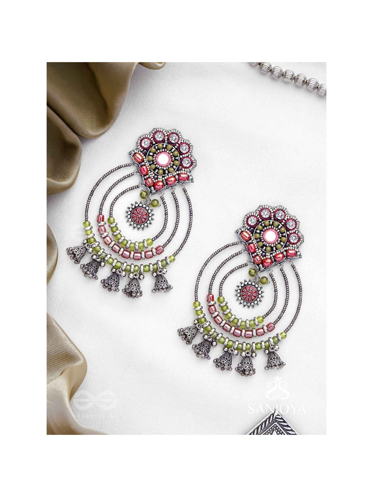 Yashasya - The Magenta Magnificence - Mirror, Resham And Beads Hand Embroidered Oxidised Earrings
