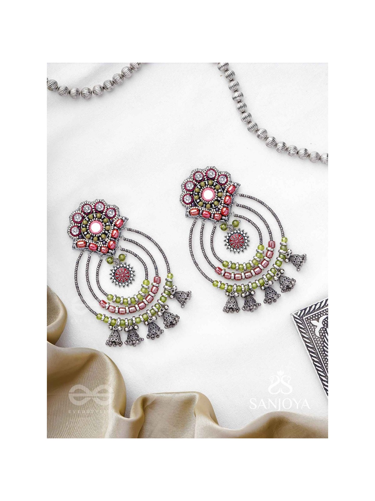 Yashasya - The Magenta Magnificence - Mirror, Resham And Beads Hand Embroidered Oxidised Earrings