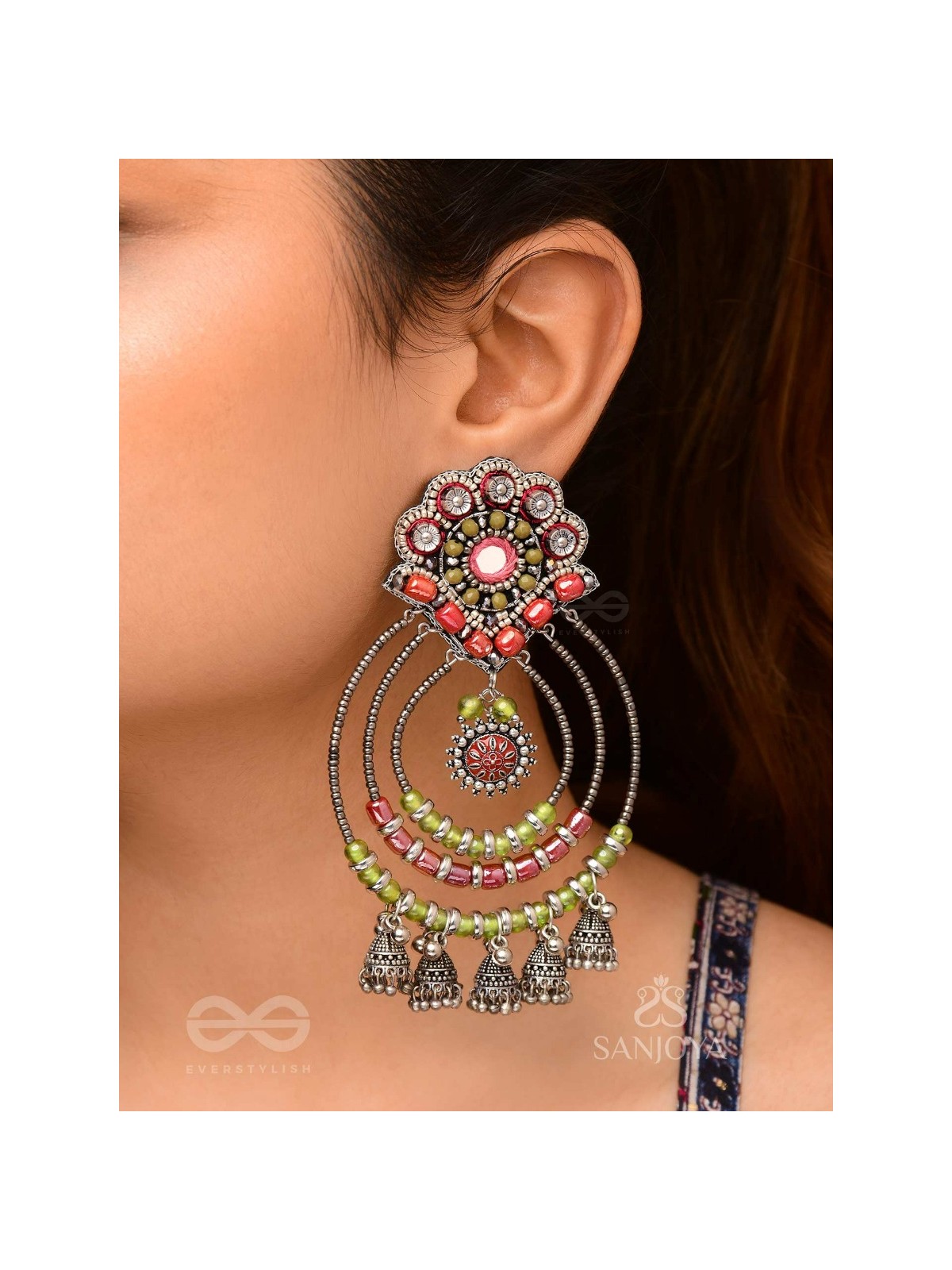 Yashasya - The Magenta Magnificence - Mirror, Resham And Beads Hand Embroidered Oxidised Earrings