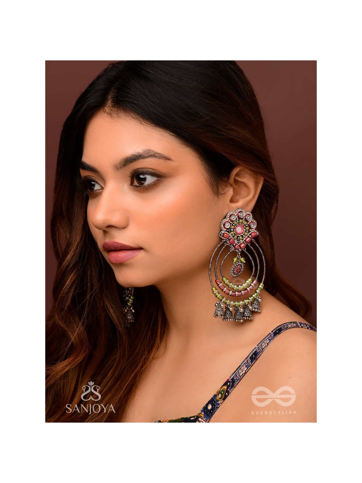 Yashasya - The Magenta Magnificence - Mirror, Resham And Beads Hand Embroidered Oxidised Earrings