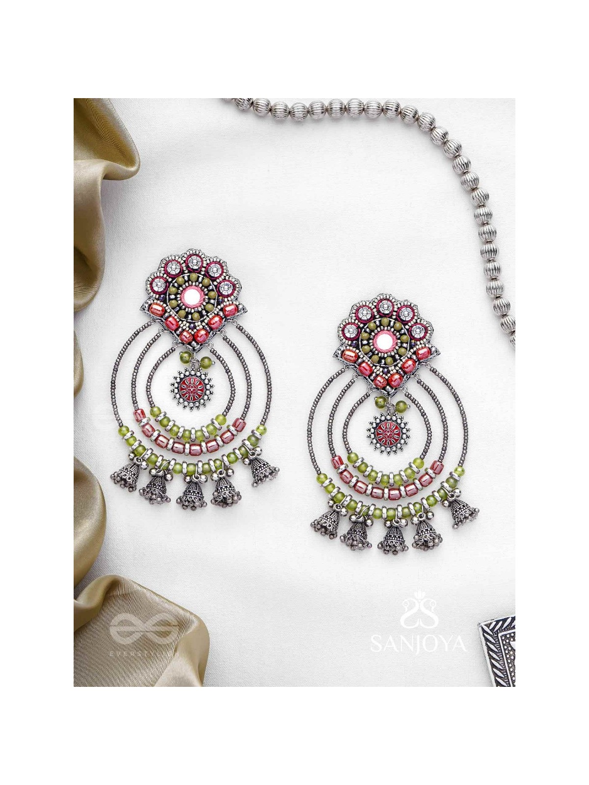 Yashasya - The Magenta Magnificence - Mirror, Resham And Beads Hand Embroidered Oxidised Earrings