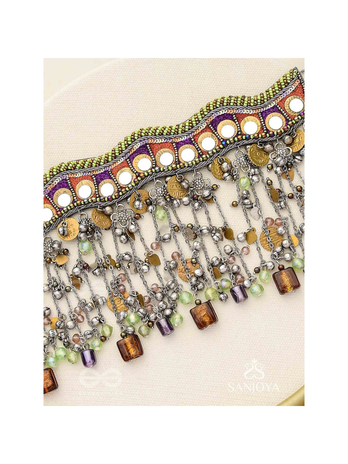 Dhaanshri- The Entrancing Music- Mirror, Beads And Coins Hand Embroidered Oxidised Choker Neckpiece