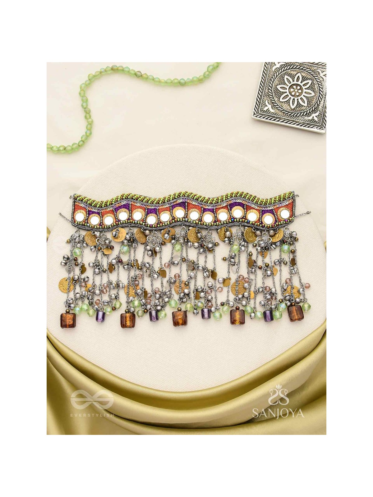 Dhaanshri- The Entrancing Music- Mirror, Beads And Coins Hand Embroidered Oxidised Choker Neckpiece
