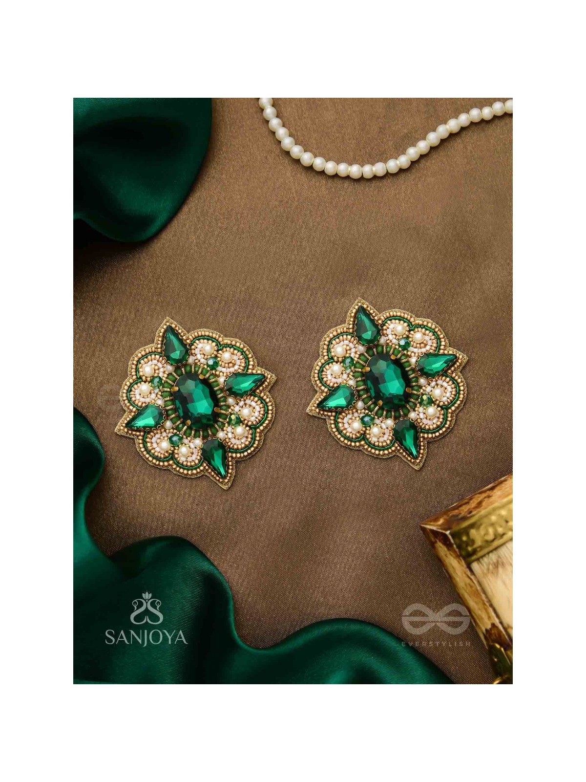 Indranilak- The Emerald Fascination- Stones And Beads Hand Embroidered Earrings