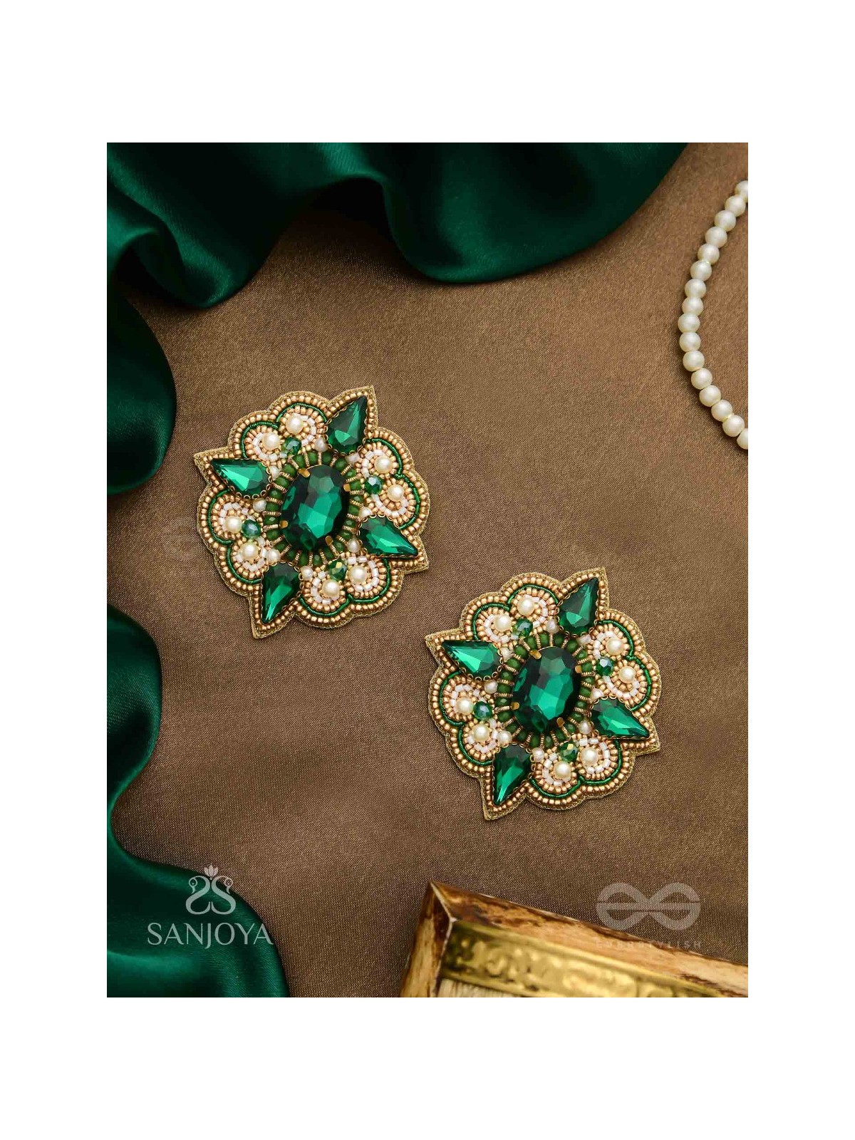 Indranilak- The Emerald Fascination- Stones And Beads Hand Embroidered Earrings