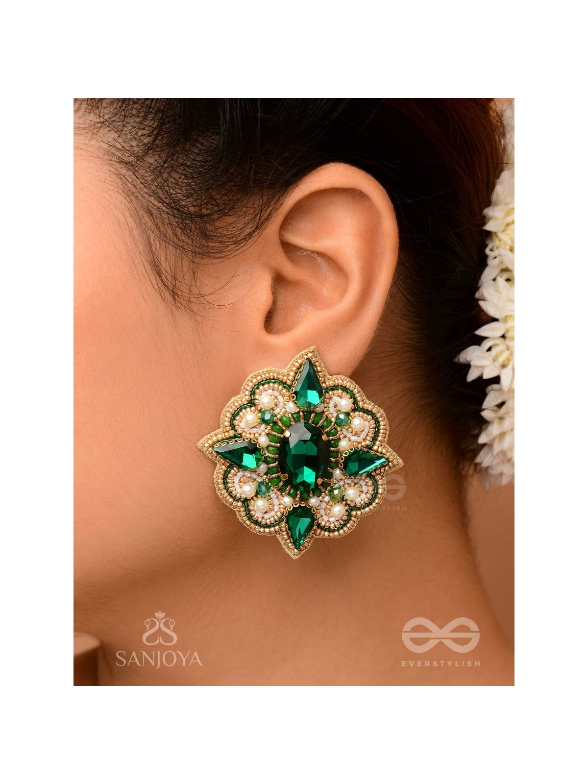 Indranilak- The Emerald Fascination- Stones And Beads Hand Embroidered Earrings
