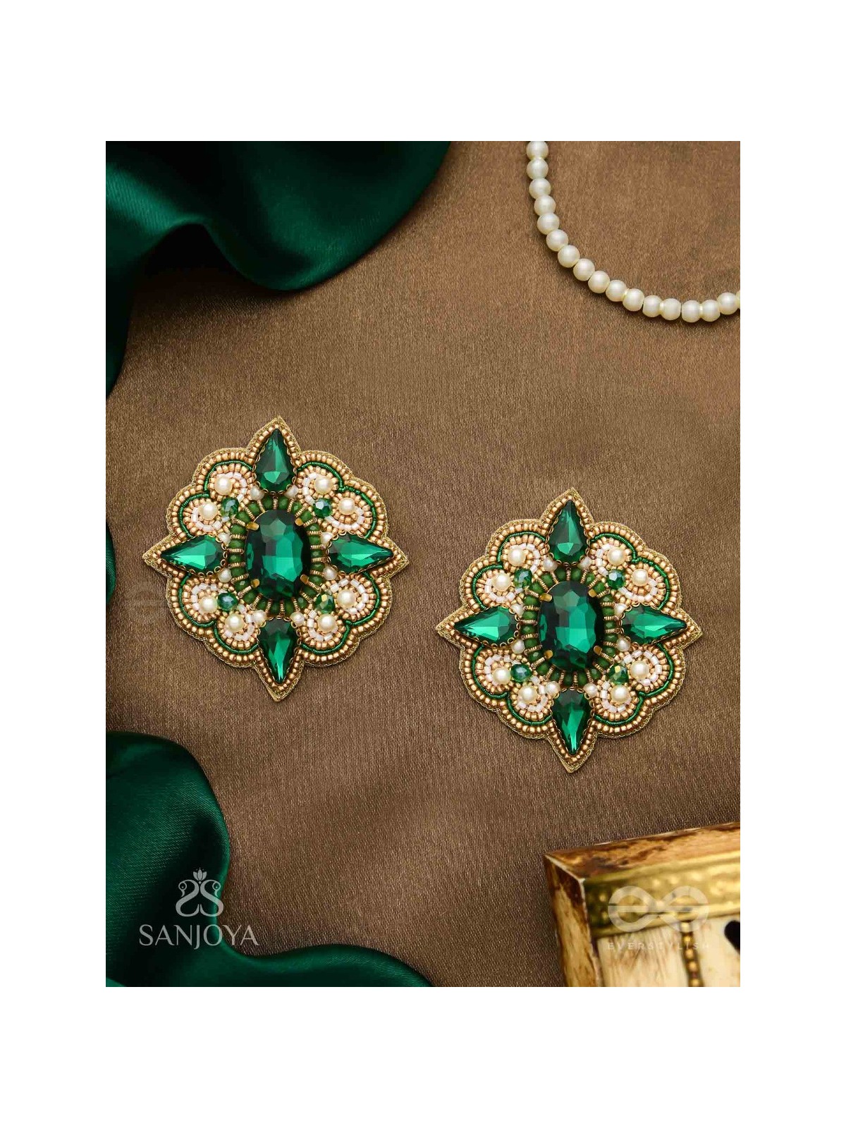 Indranilak- The Emerald Fascination- Stones And Beads Hand Embroidered Earrings