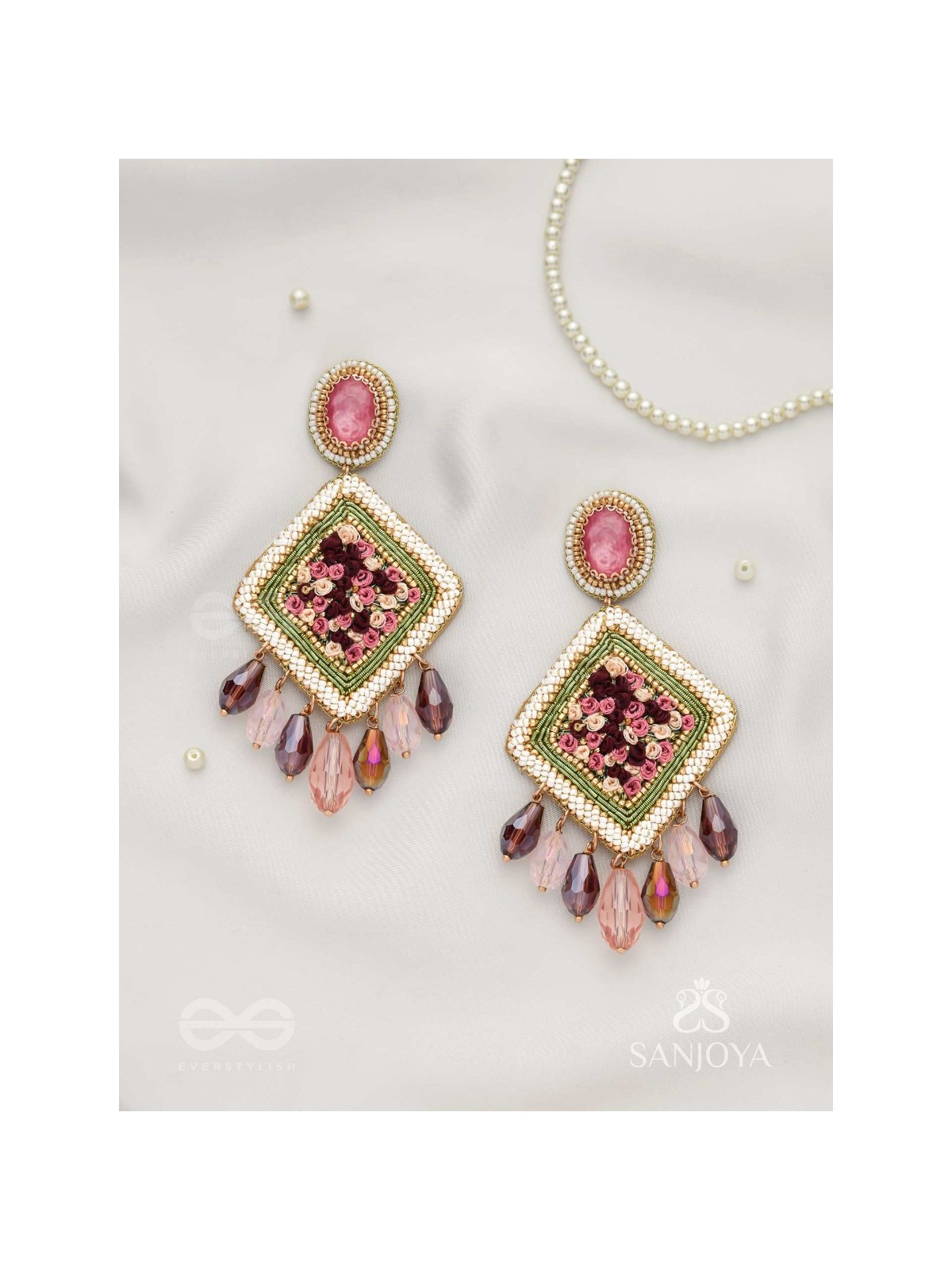 Saukumaryam- The Rouge Delicacy- Resham, Beads And Glass Drops Hand Embroidered Earrings