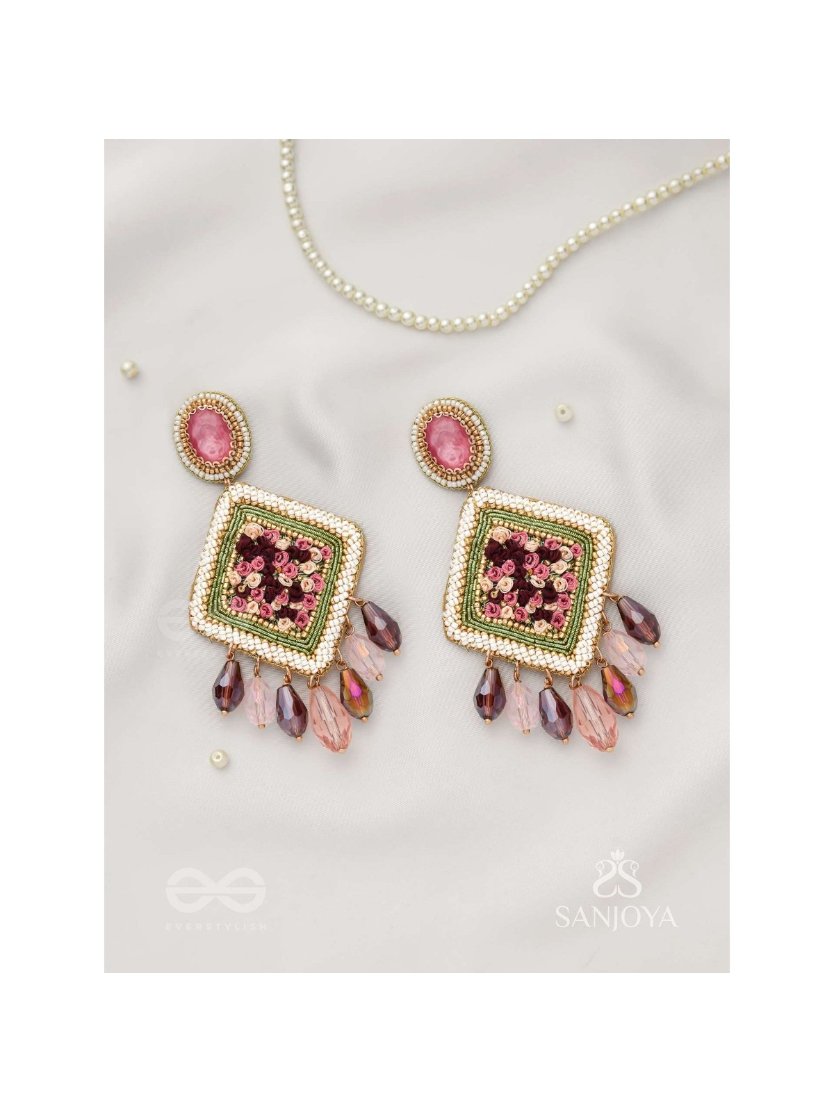 Saukumaryam- The Rouge Delicacy- Resham, Beads And Glass Drops Hand Embroidered Earrings