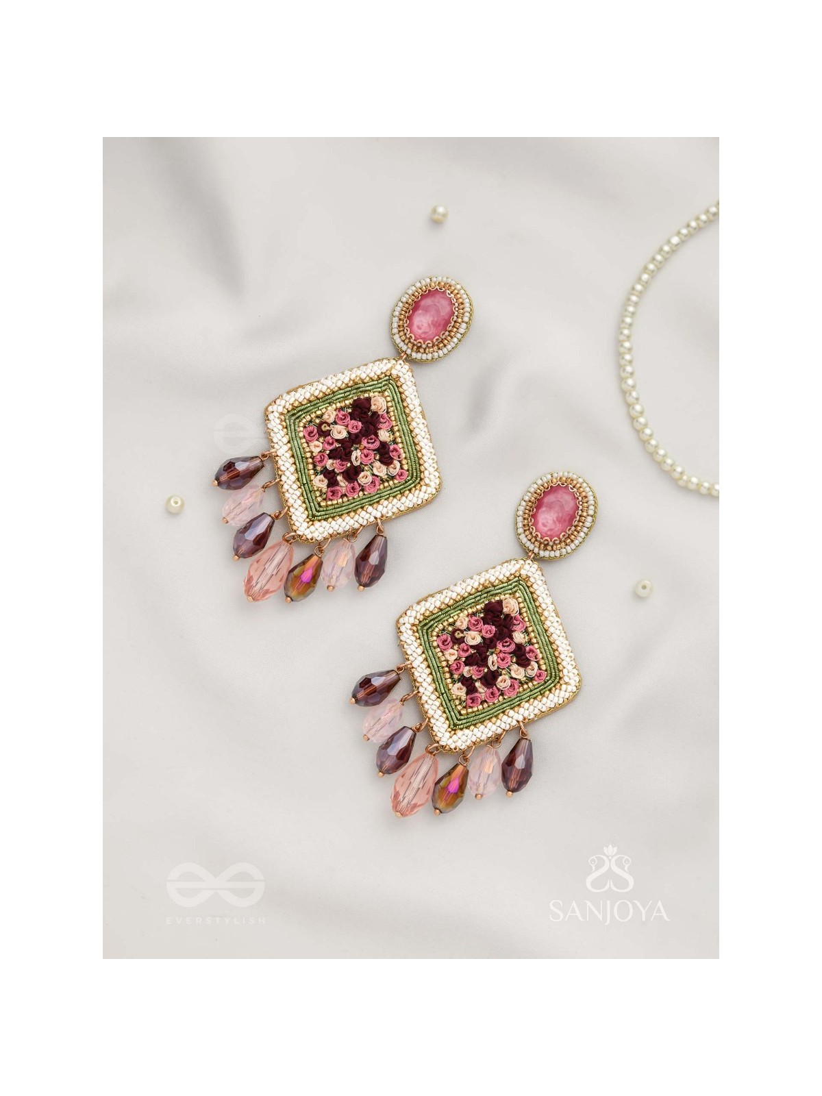 Saukumaryam- The Rouge Delicacy- Resham, Beads And Glass Drops Hand Embroidered Earrings