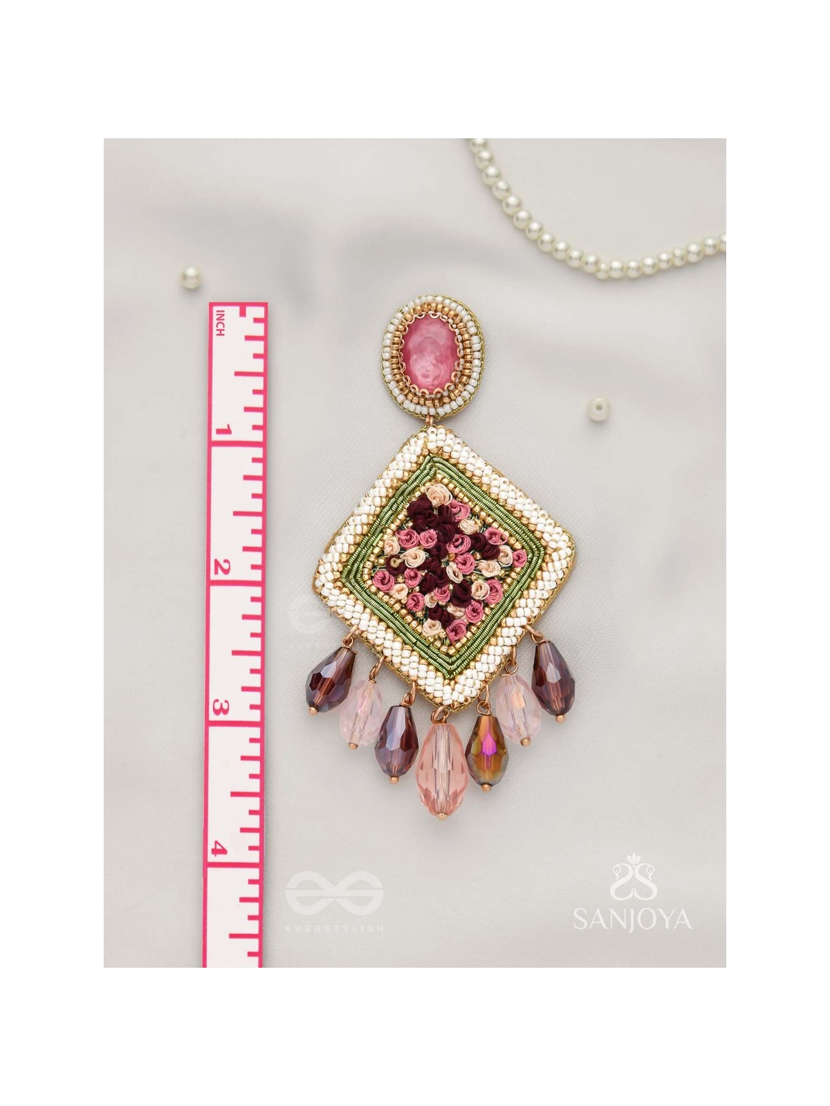 Saukumaryam- The Rouge Delicacy- Resham, Beads And Glass Drops Hand Embroidered Earrings