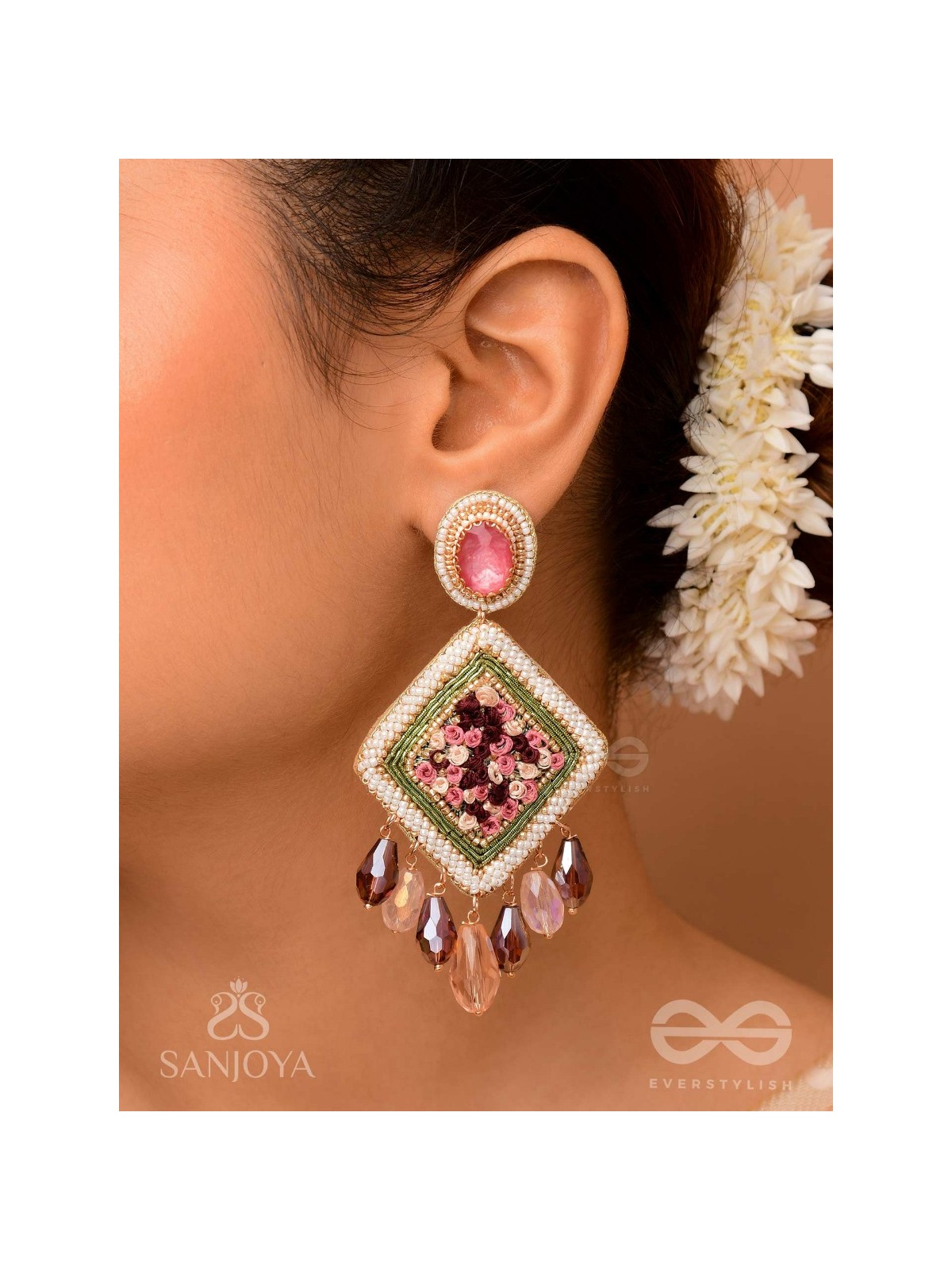 Saukumaryam- The Rouge Delicacy- Resham, Beads And Glass Drops Hand Embroidered Earrings